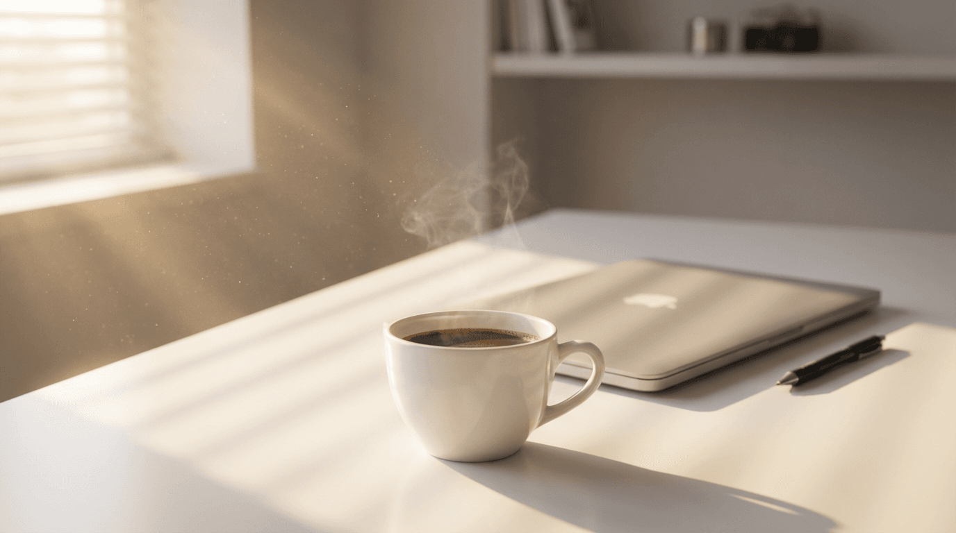 Professional reviewing compliance strategy documents at a desk with warm natural light